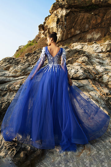Sparkly Royal Blue Floral A Line Appliqued Tulle Long Formal Dress